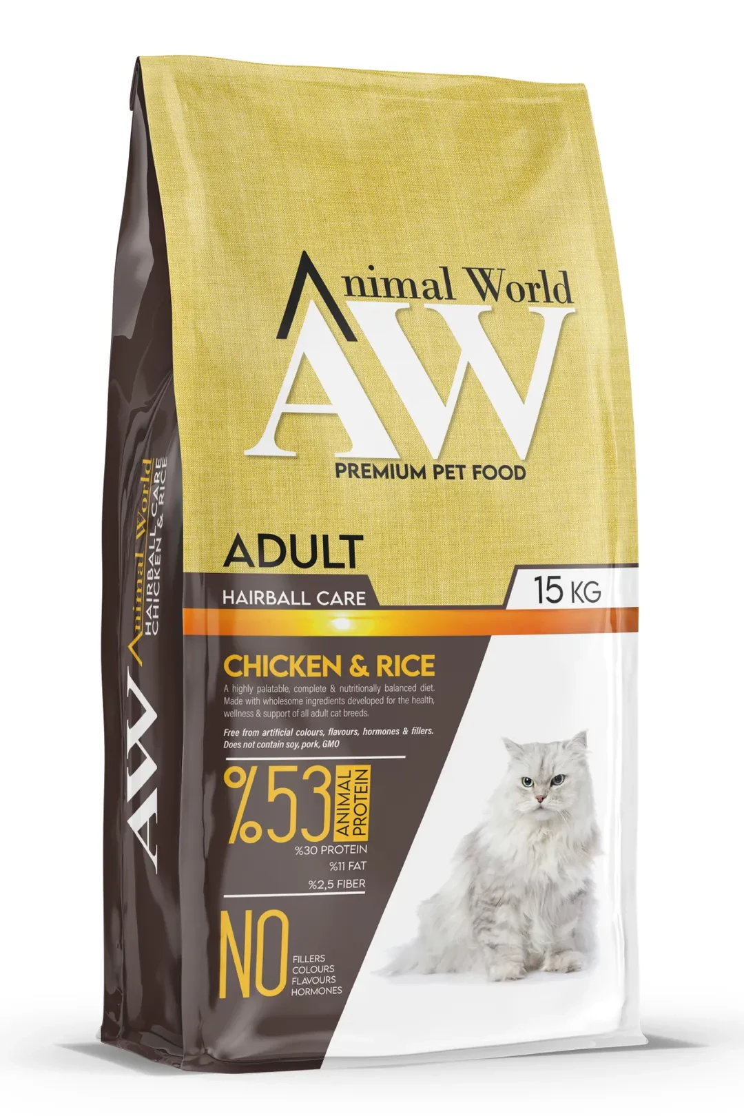 Animal World Tavuklu ve Pirinçli Tüy Yumağı Önleyici Yetişkin Kedi Maması 15KG